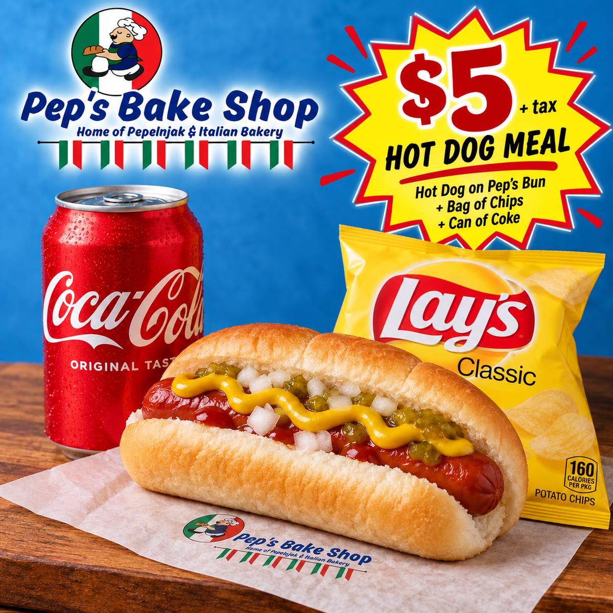 Hot Dog on a Bun + Bag of Chips + Soda