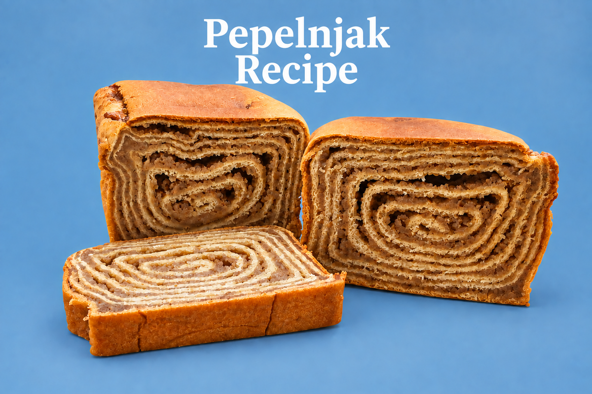 Walnut potica on blue background with the text Pepelnjak Recipe
