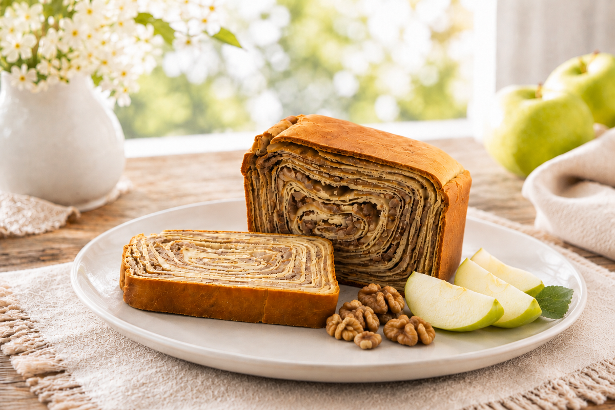 Apple walnut potica with apple slices and walnut pieces on a plate