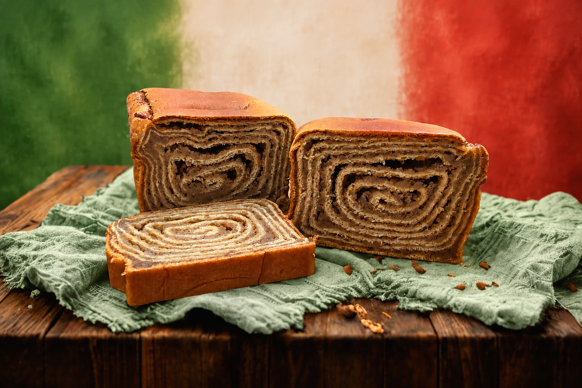 Walnut Potica with a light green towel and green, cream, and red Italian-inspired background